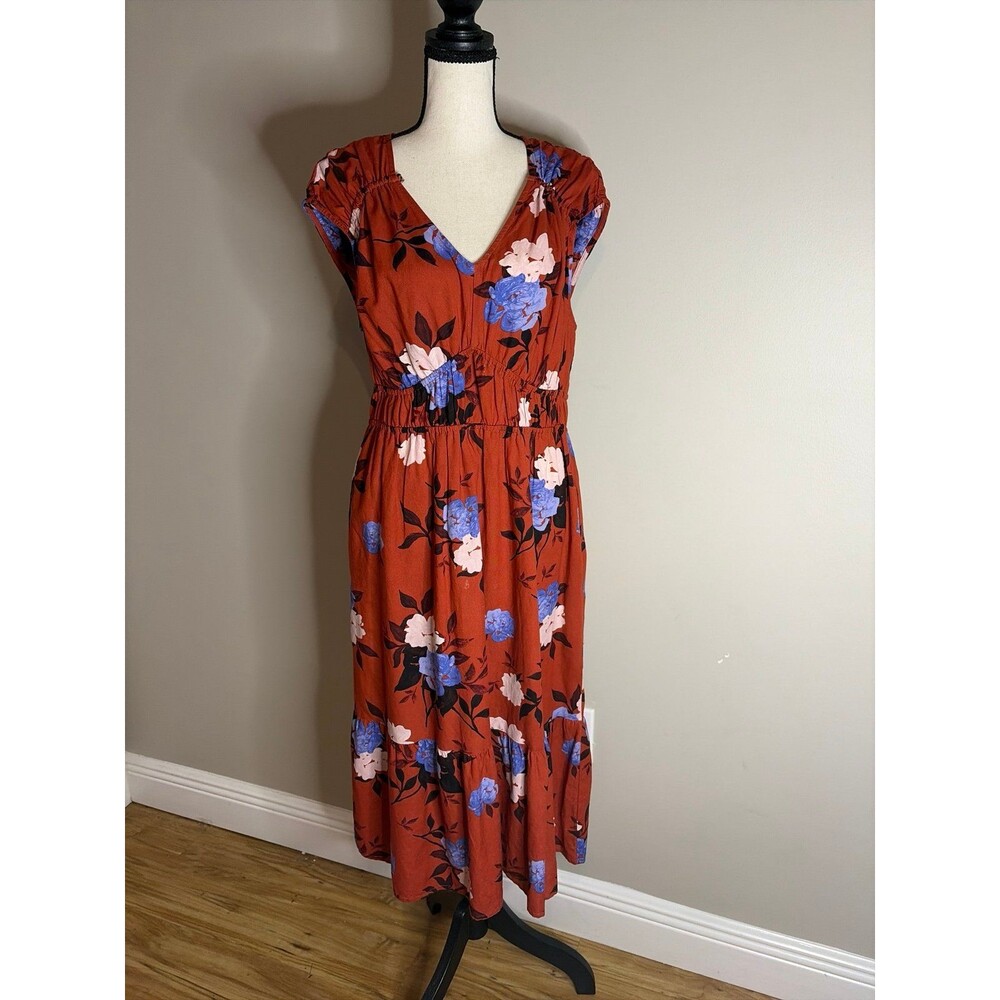 midi dress by Time and Tru featuring a vibrant blue and pink floral pattern